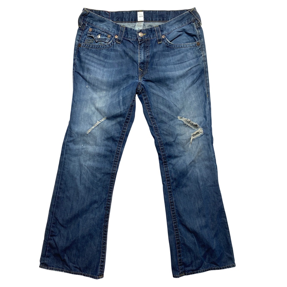 True Religion Jeans Mens 38 Blue Joey Distressed Bootcut Horseshoe Stitch